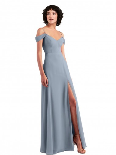 Online Staubiges Blau A-Linien Off-Schulter Spaghetti-Träger Chiffon Lange Brautjungfernkleider