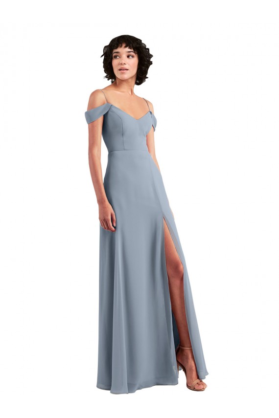 Online Staubiges Blau A-Linien Off-Schulter Spaghetti-Träger Chiffon Lange Brautjungfernkleider