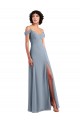 Online Staubiges Blau A-Linien Off-Schulter Spaghetti-Träger Chiffon Lange Brautjungfernkleider