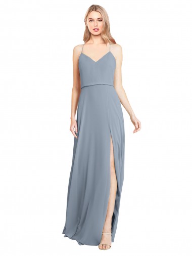 Online Staubiges Blau A-Linien Off-Schulter Spaghetti-Träger Chiffon Lange Brautjungfernkleider
