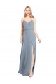 Online Staubiges Blau A-Linien Off-Schulter Spaghetti-Träger Chiffon Lange Brautjungfernkleider