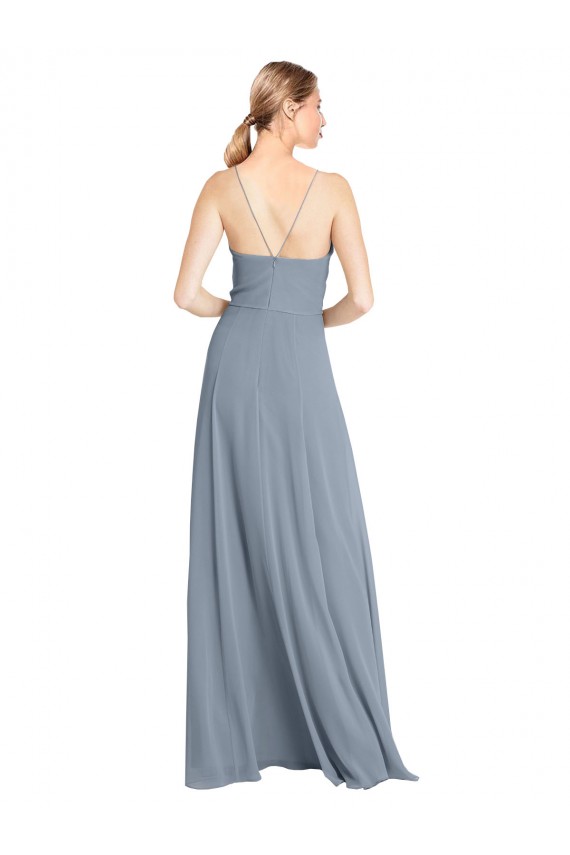 Online Staubiges Blau A-Linien Off-Schulter Spaghetti-Träger Chiffon Lange Brautjungfernkleider