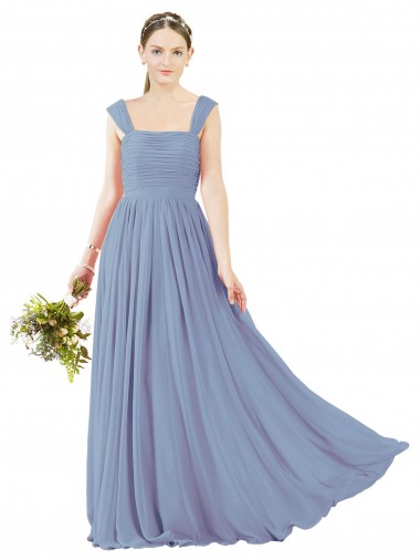 Online Staubiges Blau A-Linien Quadrat Ausschnitt Chiffon Lange Brautjungfernkleider