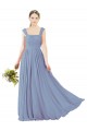 Online Staubiges Blau A-Linien Quadrat Ausschnitt Chiffon Lange Brautjungfernkleider