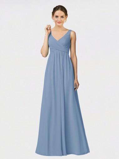 Online Staubiges Blau A-Linien Spaghetti-Träger Chiffon Lange Brautjungfernkleider