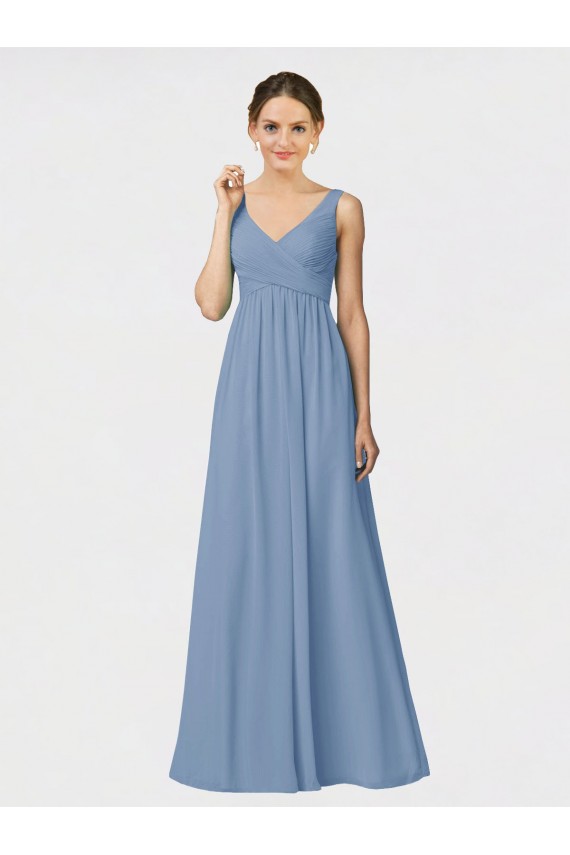 Online Staubiges Blau A-Linien Spaghetti-Träger Chiffon Lange Brautjungfernkleider