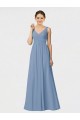 Online Staubiges Blau A-Linien Spaghetti-Träger Chiffon Lange Brautjungfernkleider
