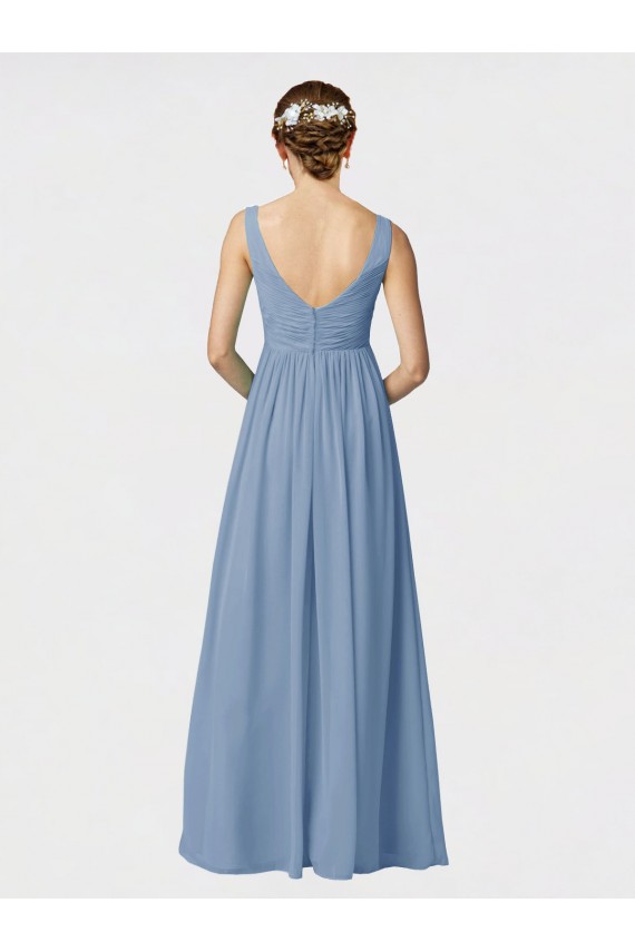Online Staubiges Blau A-Linien Spaghetti-Träger Chiffon Lange Brautjungfernkleider