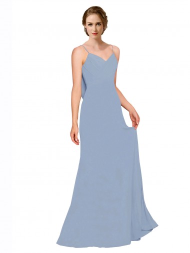 Online Staubiges Blau A-Linien Spaghetti-Träger Chiffon Lange Brautjungfernkleider