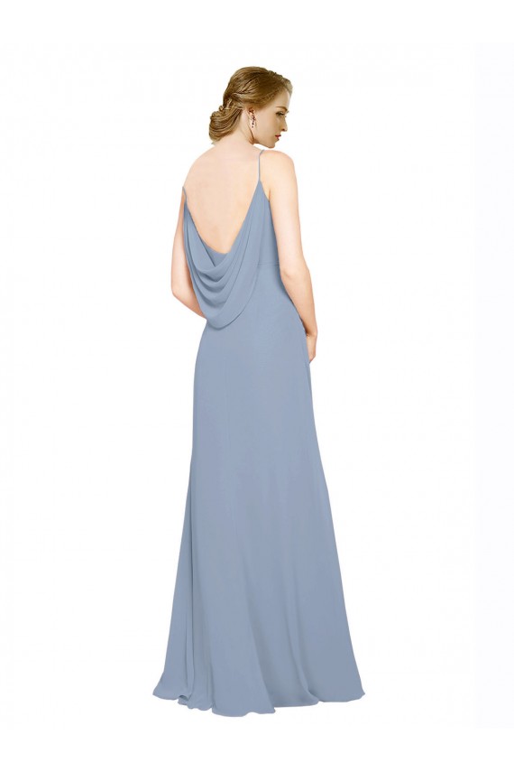 Online Staubiges Blau A-Linien Spaghetti-Träger Chiffon Lange Brautjungfernkleider