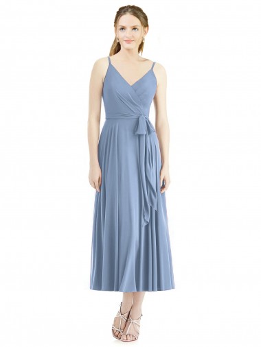 Online Staubiges Blau A-Linien Spaghetti-Träger Wadenlang Chiffon Kurze Brautjungfernkleider