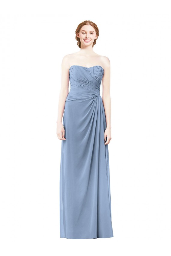 Online Staubiges Blau A-Linien Trägerlos Chiffon Lange Brautjungfernkleider
