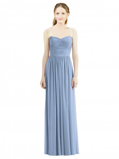 Online Staubiges Blau A-Linien Trägerlos Chiffon Lange Brautjungfernkleider