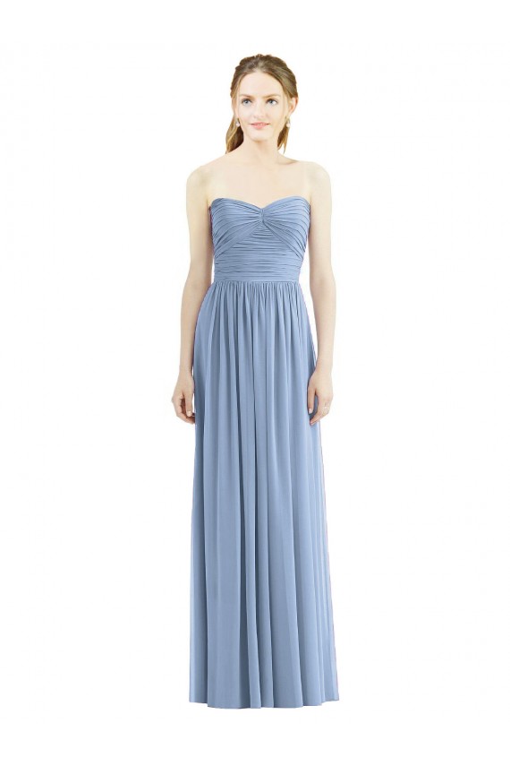 Online Staubiges Blau A-Linien Trägerlos Chiffon Lange Brautjungfernkleider