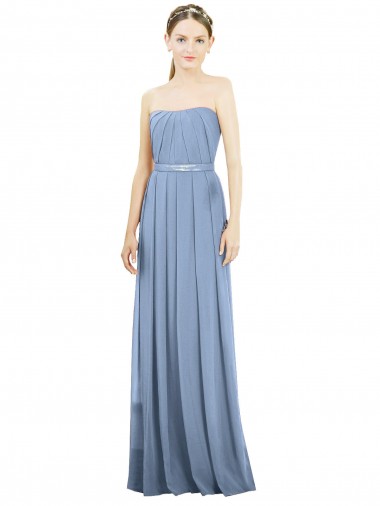 Online Staubiges Blau A-Linien Trägerlos Chiffon Lange Brautjungfernkleider