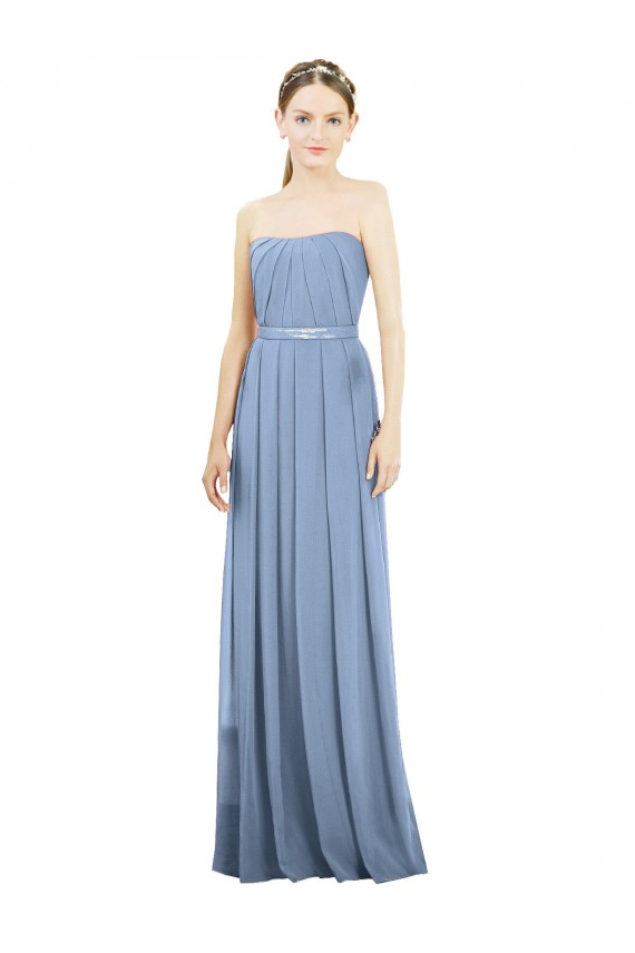 Online Staubiges Blau A-Linien Trägerlos Chiffon Lange Brautjungfernkleider