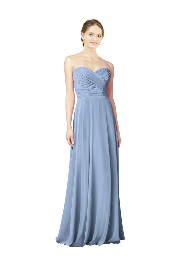 Online Staubiges Blau A-Linien Trägerlos Chiffon Lange Brautjungfernkleider