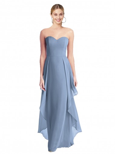 Online Staubiges Blau A-Linien Trägerlos Chiffon Lange Brautjungfernkleider