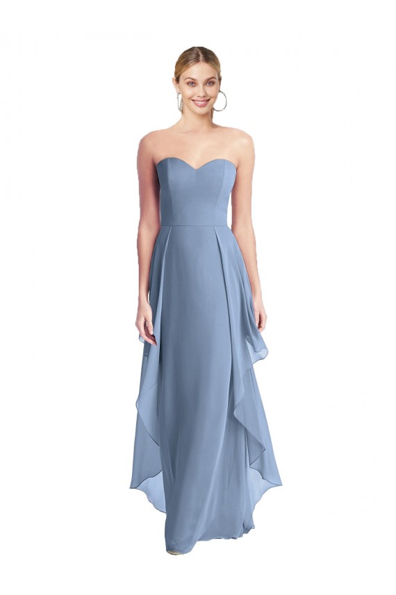 Online Staubiges Blau A-Linien Trägerlos Chiffon Lange Brautjungfernkleider