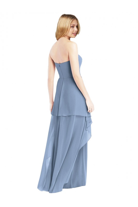 Online Staubiges Blau A-Linien Trägerlos Chiffon Lange Brautjungfernkleider