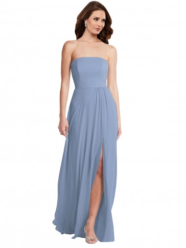Online Staubiges Blau A-Linien Trägerlos Chiffon Lange Brautjungfernkleider