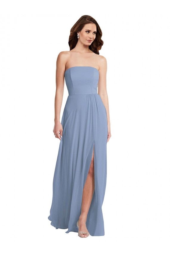 Online Staubiges Blau A-Linien Trägerlos Chiffon Lange Brautjungfernkleider