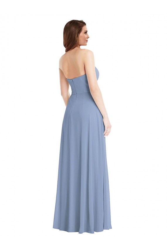 Online Staubiges Blau A-Linien Trägerlos Chiffon Lange Brautjungfernkleider