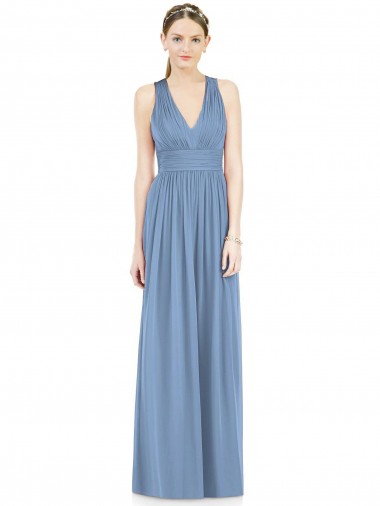 Online Staubiges Blau A-Linien V-Ausschnitt Chiffon Lange Brautjungfernkleider