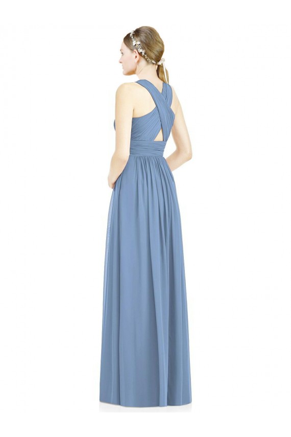 Online Staubiges Blau A-Linien V-Ausschnitt Chiffon Lange Brautjungfernkleider