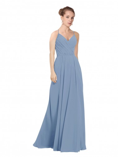 Online Staubiges Blau A-Linien V-Ausschnitt Chiffon Lange Brautjungfernkleider