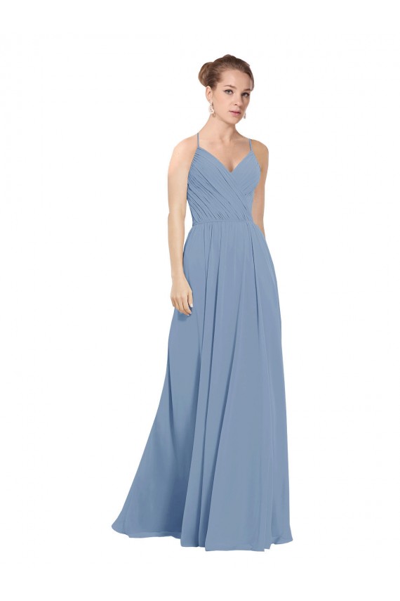 Online Staubiges Blau A-Linien V-Ausschnitt Chiffon Lange Brautjungfernkleider
