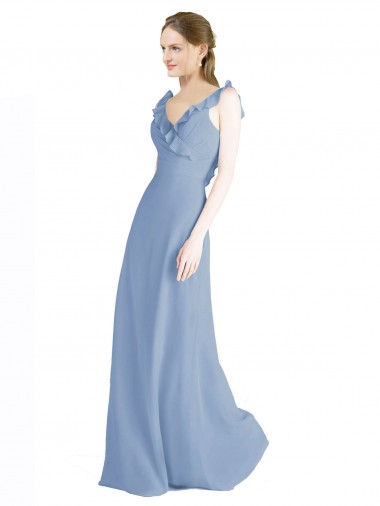 Online Staubiges Blau A-Linien V-Ausschnitt Chiffon Lange Brautjungfernkleider