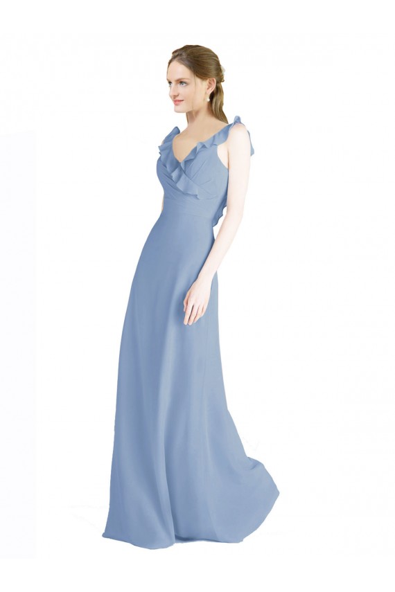 Online Staubiges Blau A-Linien V-Ausschnitt Chiffon Lange Brautjungfernkleider