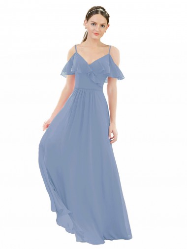 Online Staubiges Blau A-Linien V-Ausschnitt Chiffon Lange Brautjungfernkleider