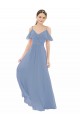 Online Staubiges Blau A-Linien V-Ausschnitt Chiffon Lange Brautjungfernkleider
