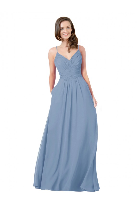 Online Staubiges Blau A-Linien V-Ausschnitt Chiffon Lange Brautjungfernkleider