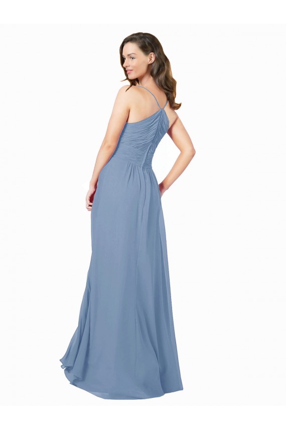 Online Staubiges Blau A-Linien V-Ausschnitt Chiffon Lange Brautjungfernkleider