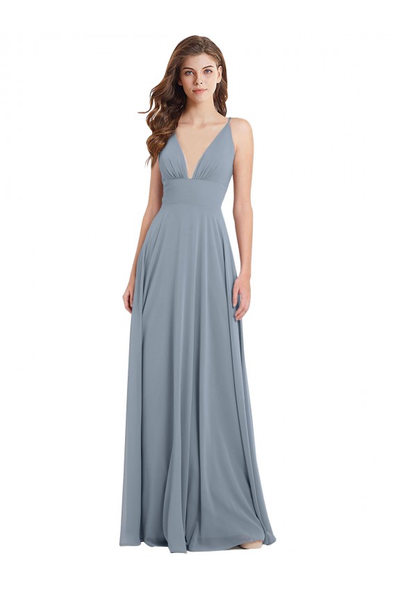 Online Staubiges Blau A-Linien V-Ausschnitt Chiffon Lange Brautjungfernkleider