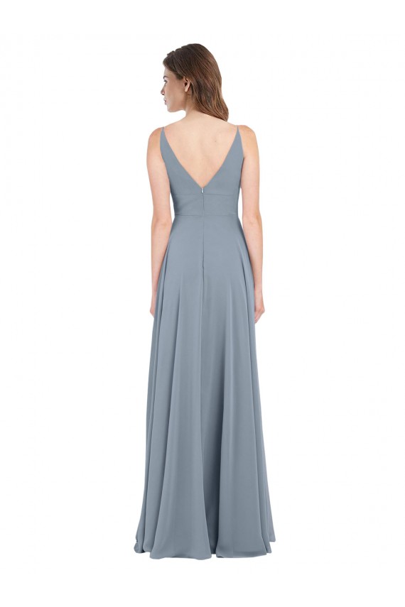 Online Staubiges Blau A-Linien V-Ausschnitt Chiffon Lange Brautjungfernkleider