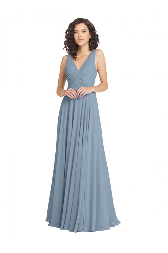 Online Staubiges Blau A-Linien V-Ausschnitt Chiffon Lange Brautjungfernkleider