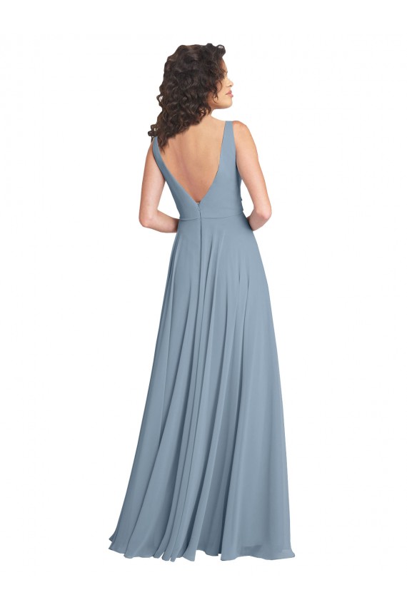 Online Staubiges Blau A-Linien V-Ausschnitt Chiffon Lange Brautjungfernkleider