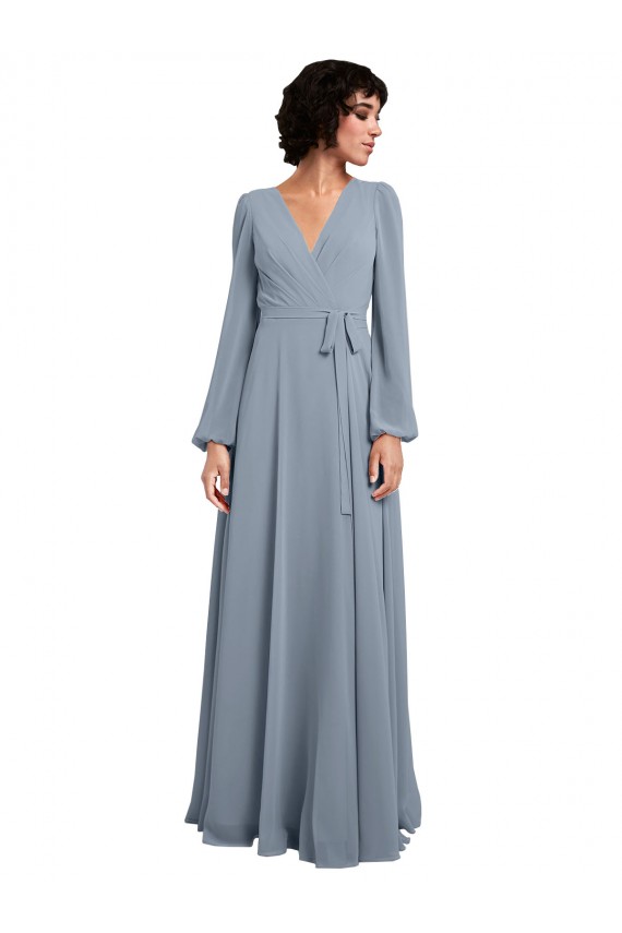 Online Staubiges Blau A-Linien V-Ausschnitt Chiffon Lange Brautjungfernkleider