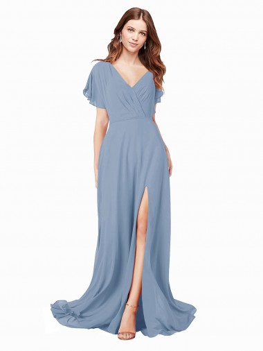 Online Staubiges Blau A-Linien V-Ausschnitt Chiffon Lange Brautjungfernkleider / Abiballkleider