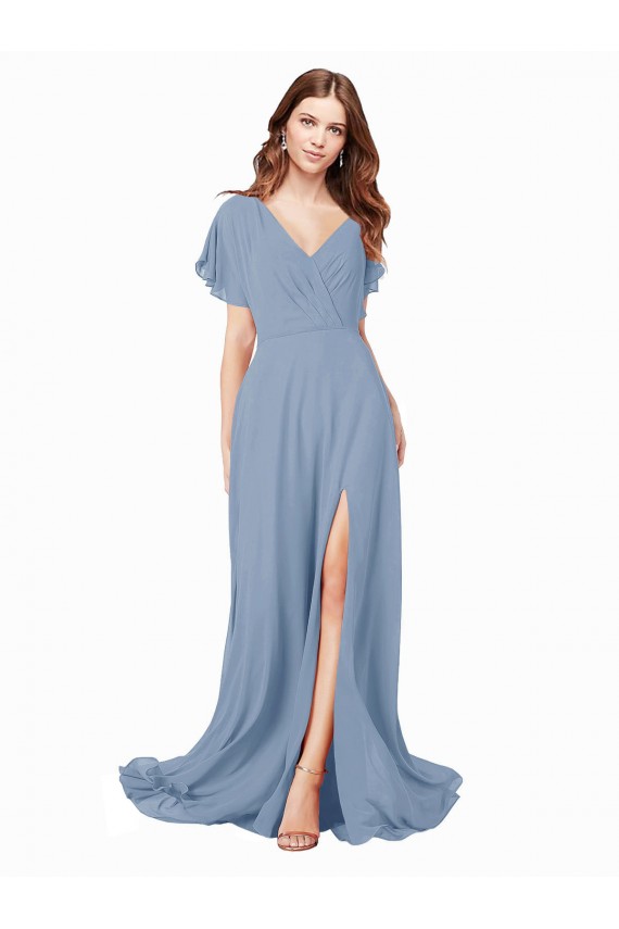 Online Staubiges Blau A-Linien V-Ausschnitt Chiffon Lange Brautjungfernkleider / Abiballkleider