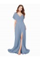 Online Staubiges Blau A-Linien V-Ausschnitt Chiffon Lange Brautjungfernkleider / Abiballkleider