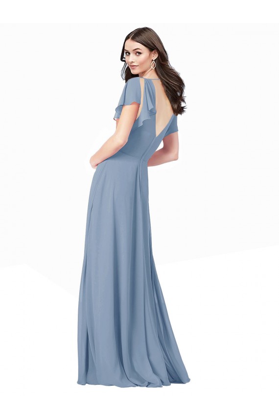 Online Staubiges Blau A-Linien V-Ausschnitt Chiffon Lange Brautjungfernkleider / Abiballkleider