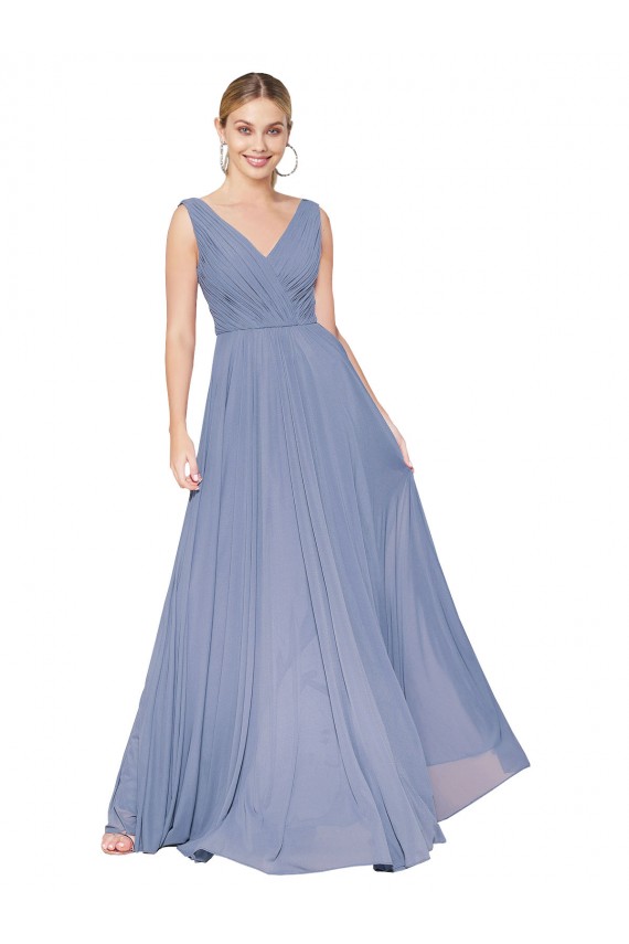 Online Staubiges Blau A-Linien V-Ausschnitt Chiffon Lange Formale Brautjungfernkleider / Abendkleider / Abiballkleider