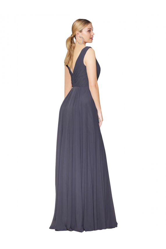 Online Staubiges Blau A-Linien V-Ausschnitt Chiffon Lange Formale Brautjungfernkleider / Abendkleider / Abiballkleider