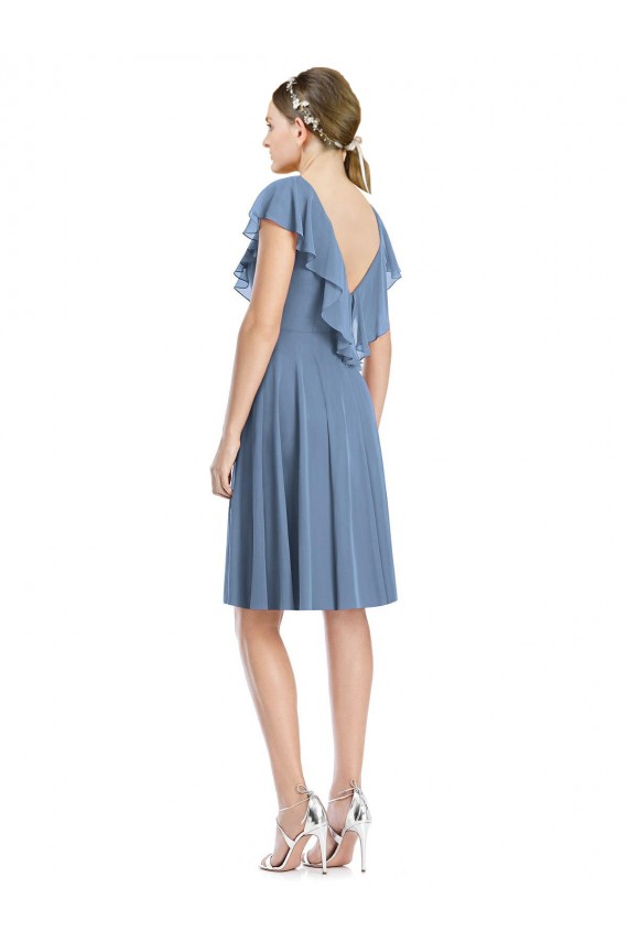 Online Staubiges Blau A-Linien V-Ausschnitt Knielang Cocktail Chiffon Kurze Brautjungfernkleider