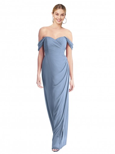 Online Staubiges Blau Meerjungfrau Off-Schulter Chiffon Lange Brautjungfernkleider